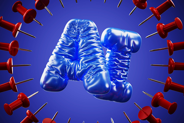 AI balloons surrounded by drawing pins