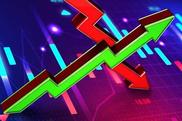 Arrow up and down against market background