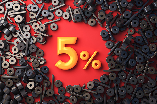 5 per cent against red background with black per cent signs