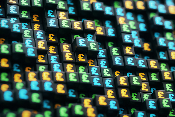 Glowing pound symbols on black cubes