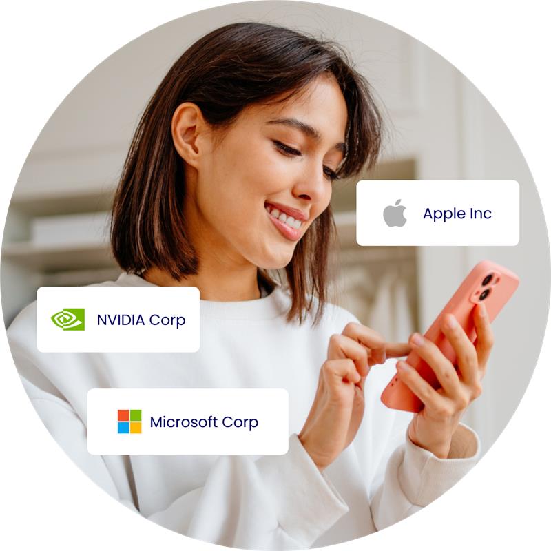 woman smiling using smartphone to trade us stocks