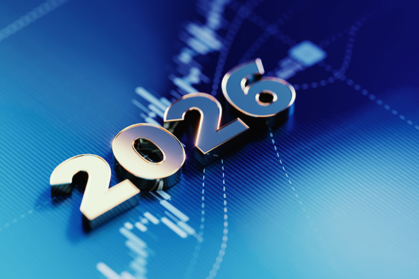 Gold Colored 2026 On Blue Financial Graph Background