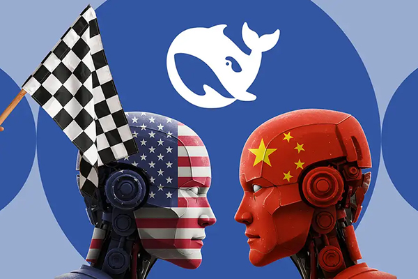 Aberdeen illustration of US robot vs China one, with DeepSeek logo