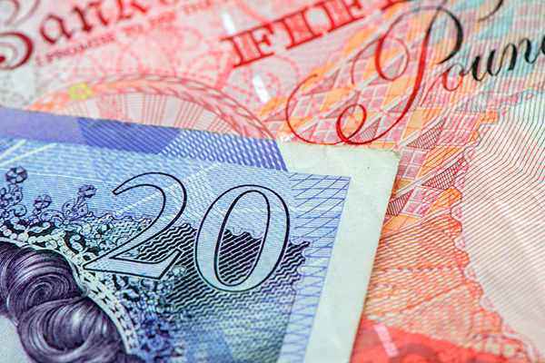 Close-up of colourful British banknotes
