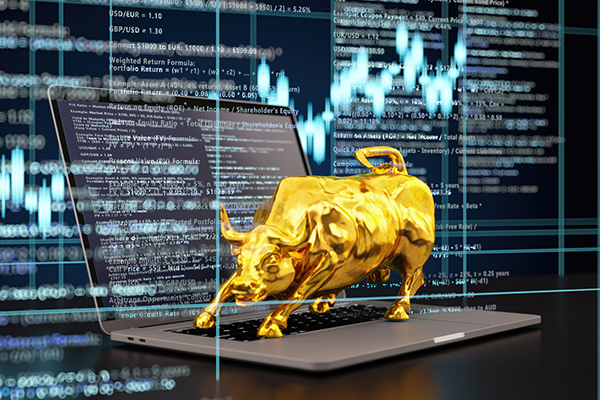 Stock market bull amid AI interface and stock market charts