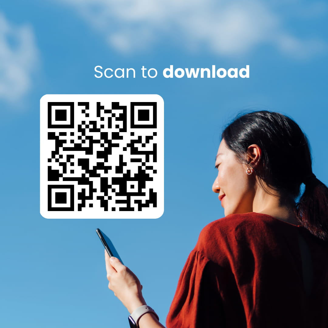 Woman with phone ii mobile app qr code scan to download