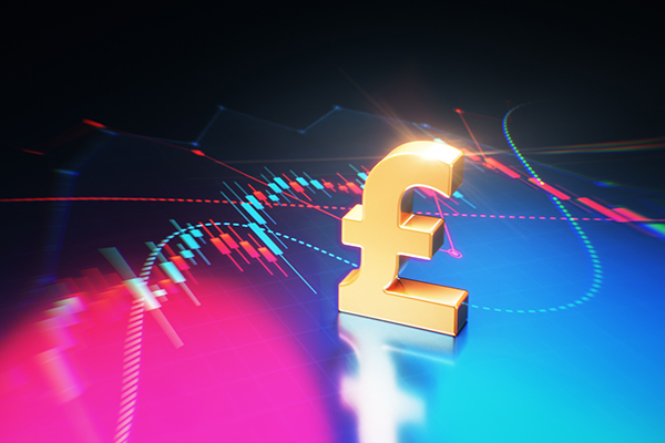 A yellow pound sign on a pink and blue background market chart