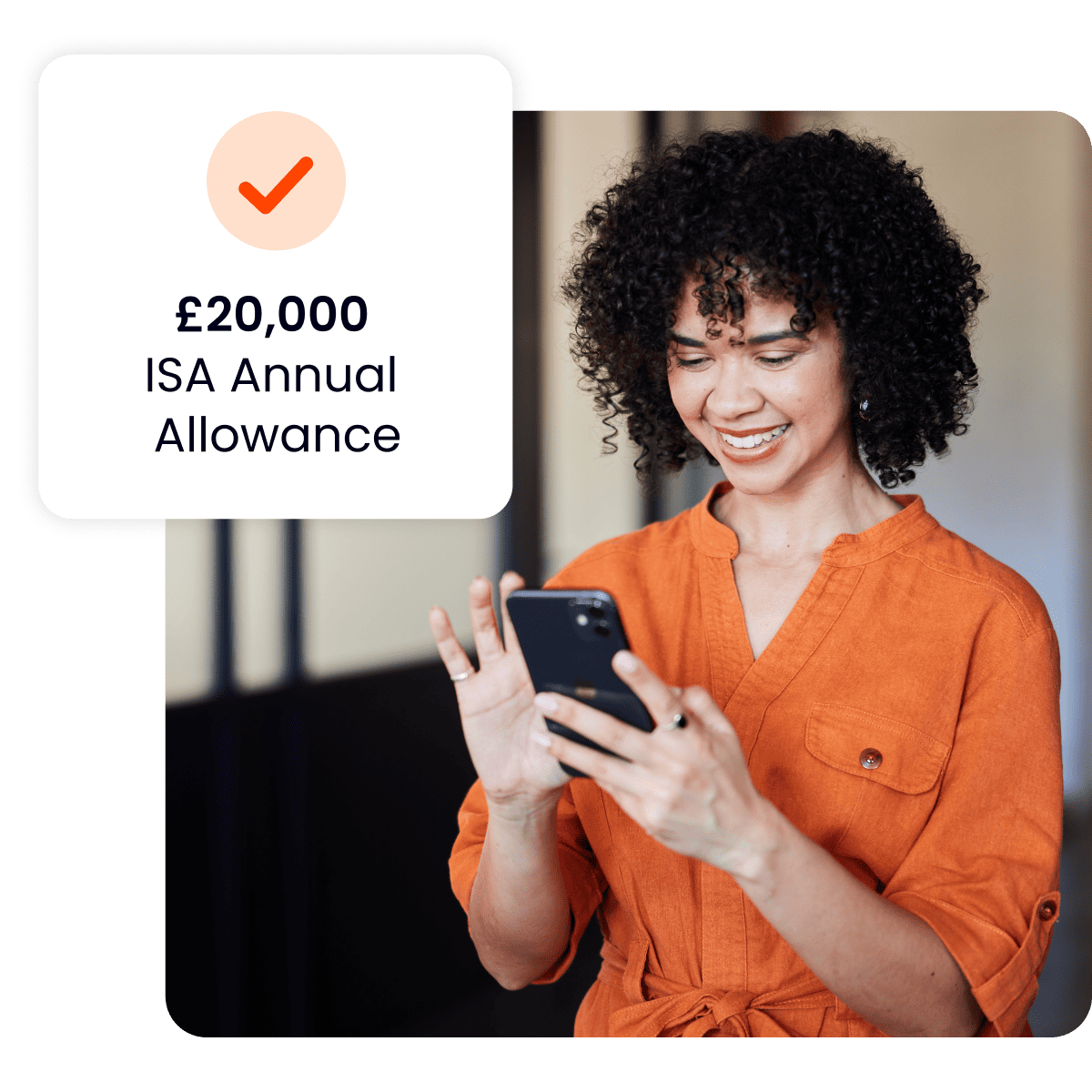 Young woman smiling at mobile with ISA annual allowance notification