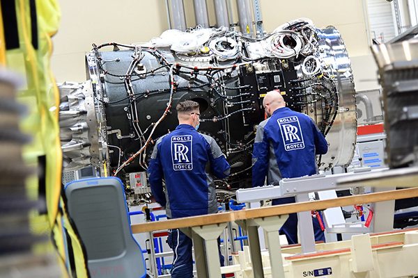 Rolls-Royce workers and jet engine