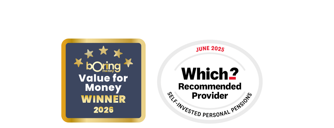 Award logos for 2026 Boring Money Value for Money award and 2025 Which Recommended SIPP provider