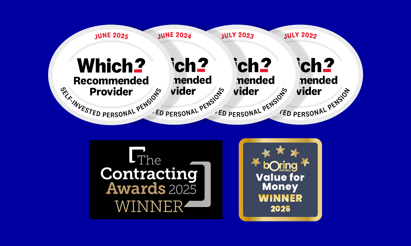 2025 Which recommended SIPP provider award, 2026 Boring Money Value for Money award and shortlisted for The 2025 Contracting award logos