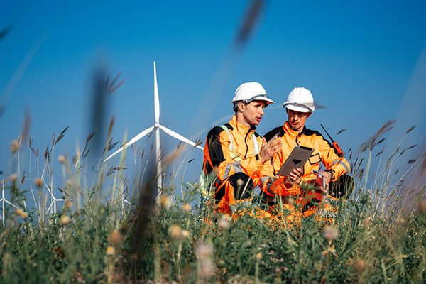 Two engineers by a wind turbine