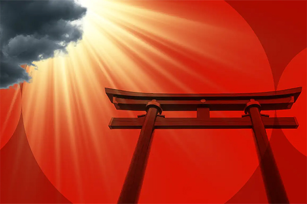 Aberdeen image of Japanese gate with clouds passing and sun rising