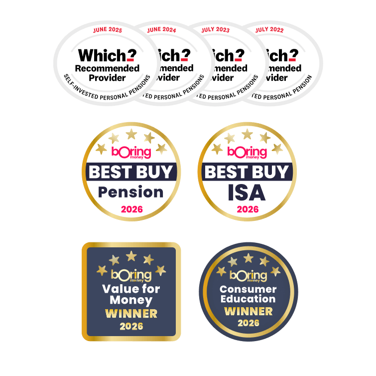 Award logos, including "Which? Recommended Provider June 2025," and "Boring Money Value for Money 2026" and "Boring Money Consumer Education 2026".