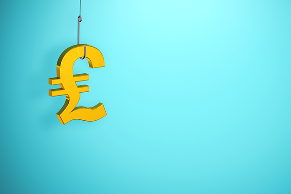 A pound symbol on a fish hook against a blue background