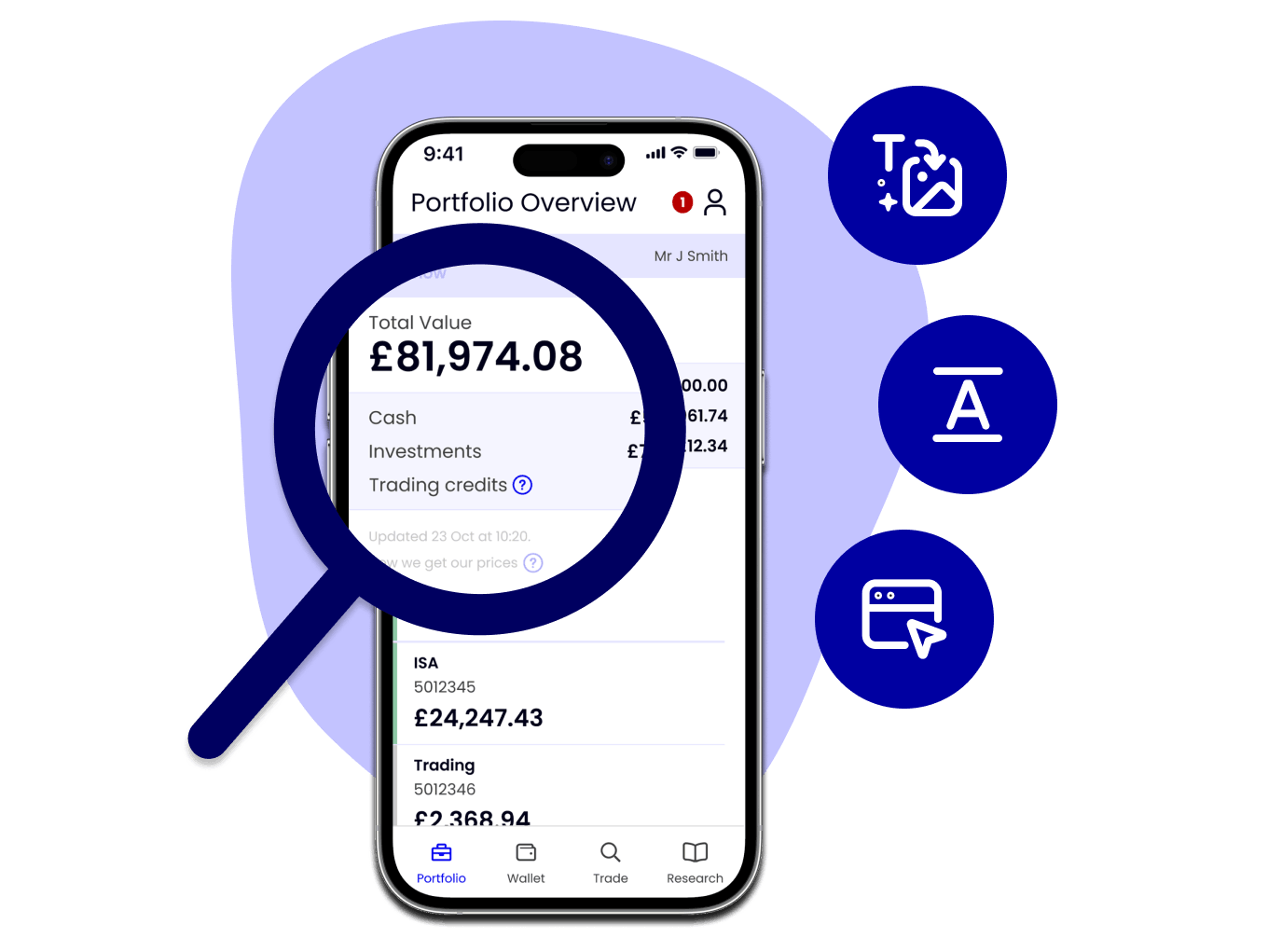 A smartphone displaying a portfolio overview, enlarged with a magnifying glass.
