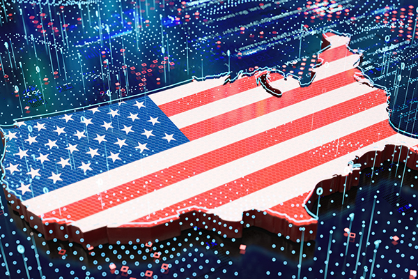 US flag overlaid on map of country