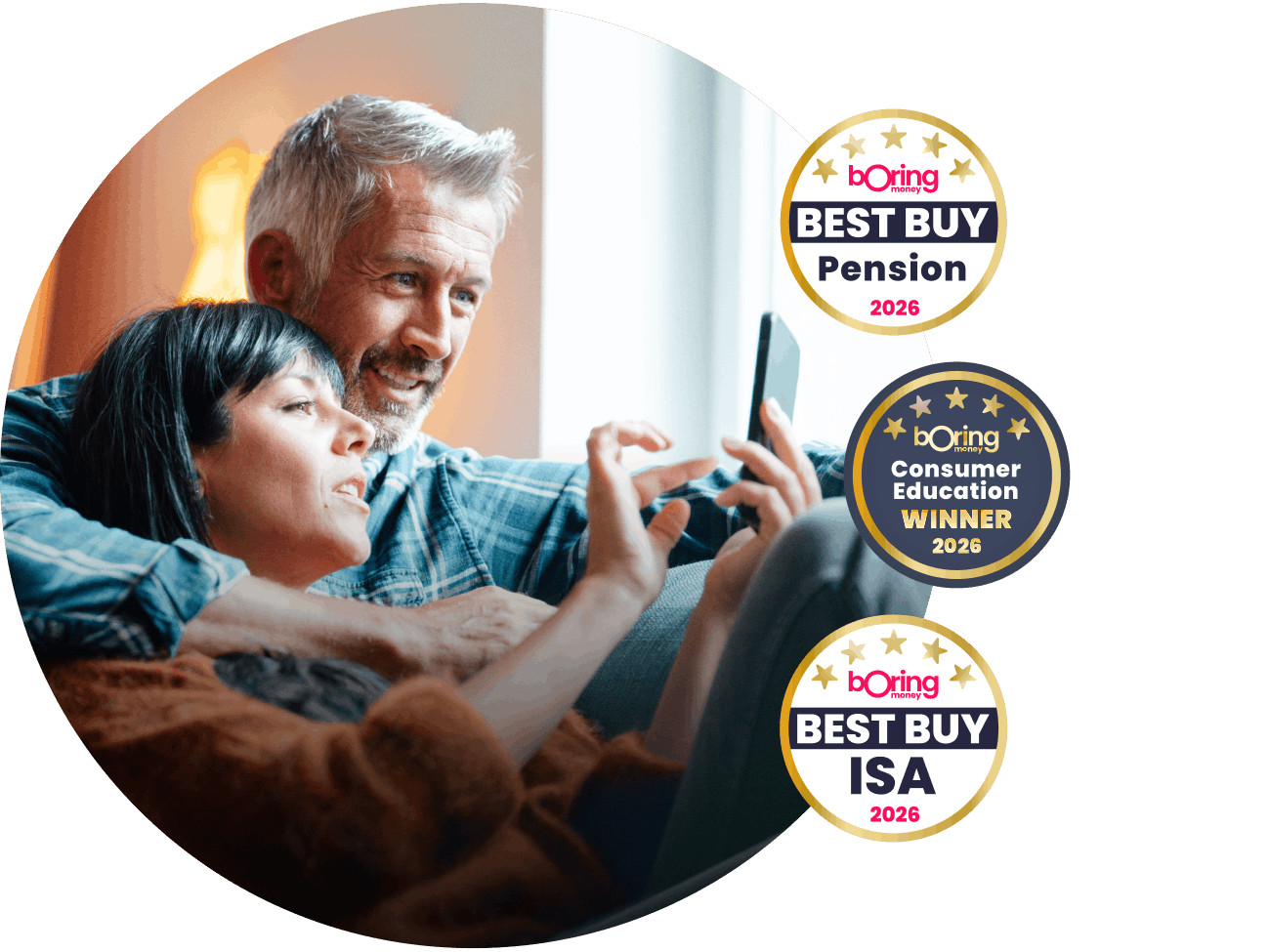 The image shows that interactive investor has been awarded Boring Money's Best Buy Pension, Best Buy ISA, and Best for Consumer Education