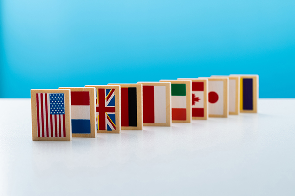 A row of country flags on a blue background