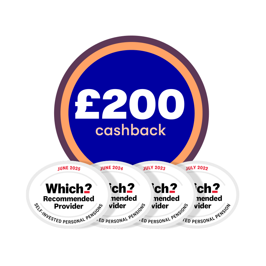 £200 cashback SIPP offer with 4x Which Recommended logo