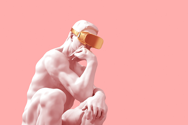 Sculpture Thinker With Golden VR Glasses Over Pink Background