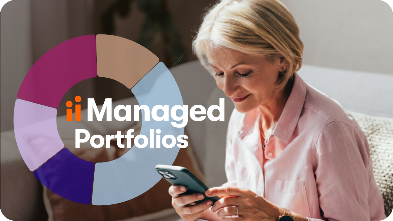 Woman looking at mobile device with managed portfolio logo graphic