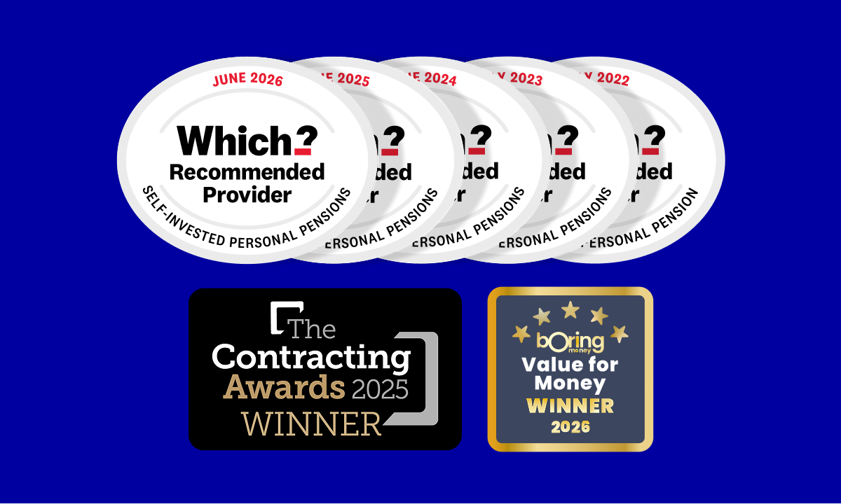 2026 Which recommended SIPP provider award, 2026 Boring Money Value for Money award and shortlisted for The 2025 Contracting award logos
