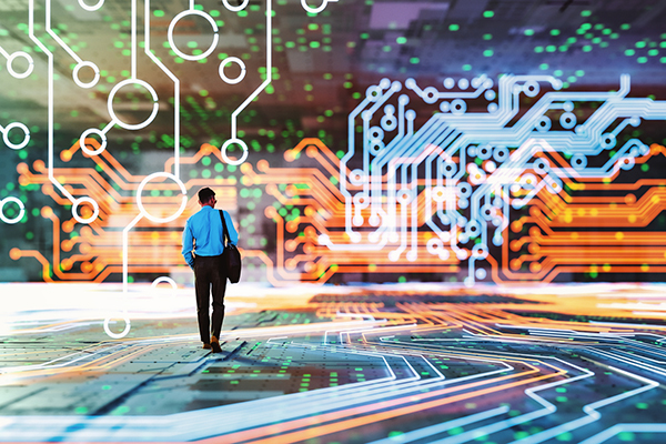 Man walking amid AI tech