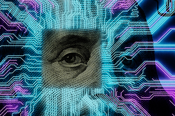 Artificial intelligence concept with eye from a dollar bill