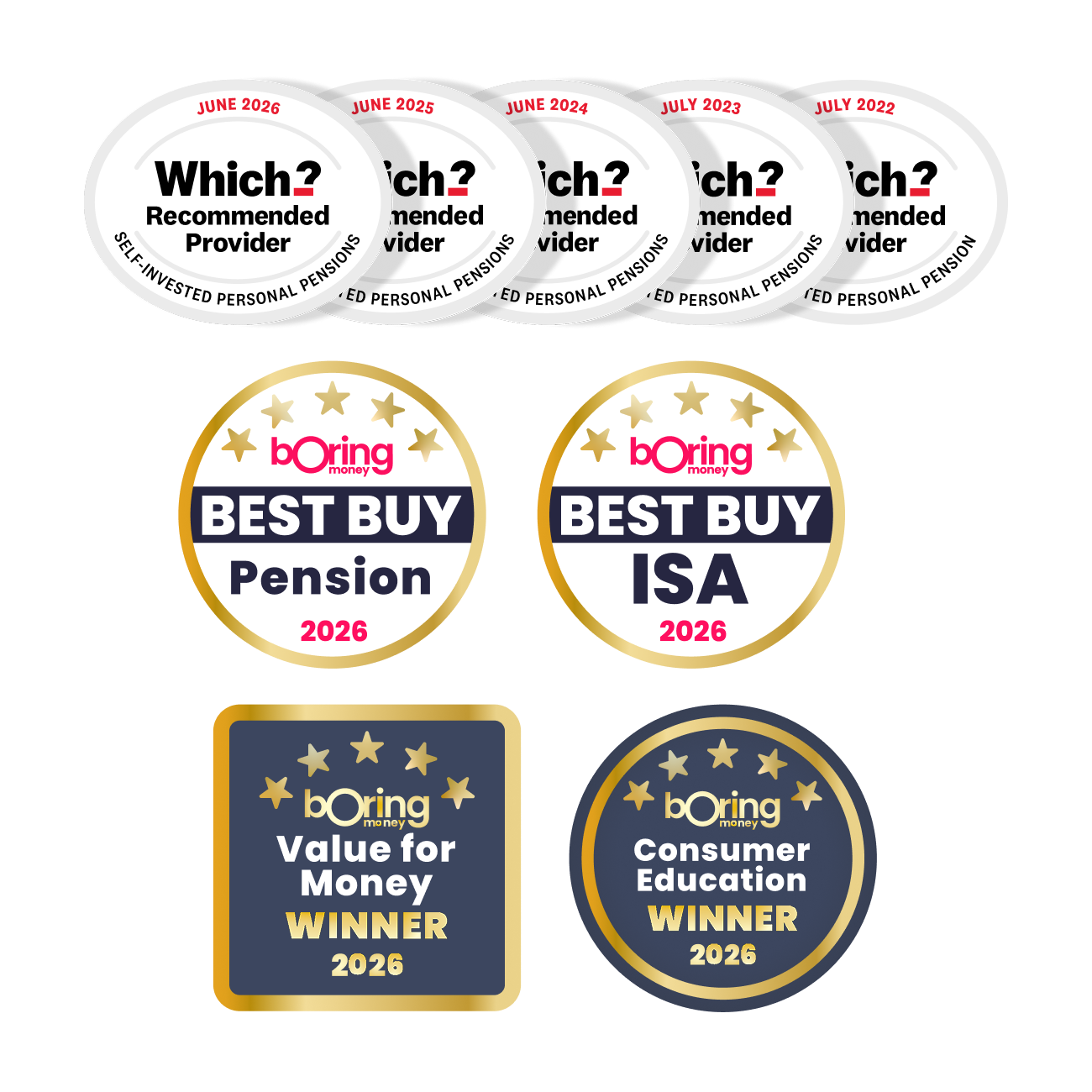 Award logos, including "Which? Recommended Provider June 2026", "Boring Money BEST BUY Pension 2026","Boring Money BEST BUY ISA 2026" and "Boring Money Value for Money 2026" and "Boring Money Consumer Education 2026".