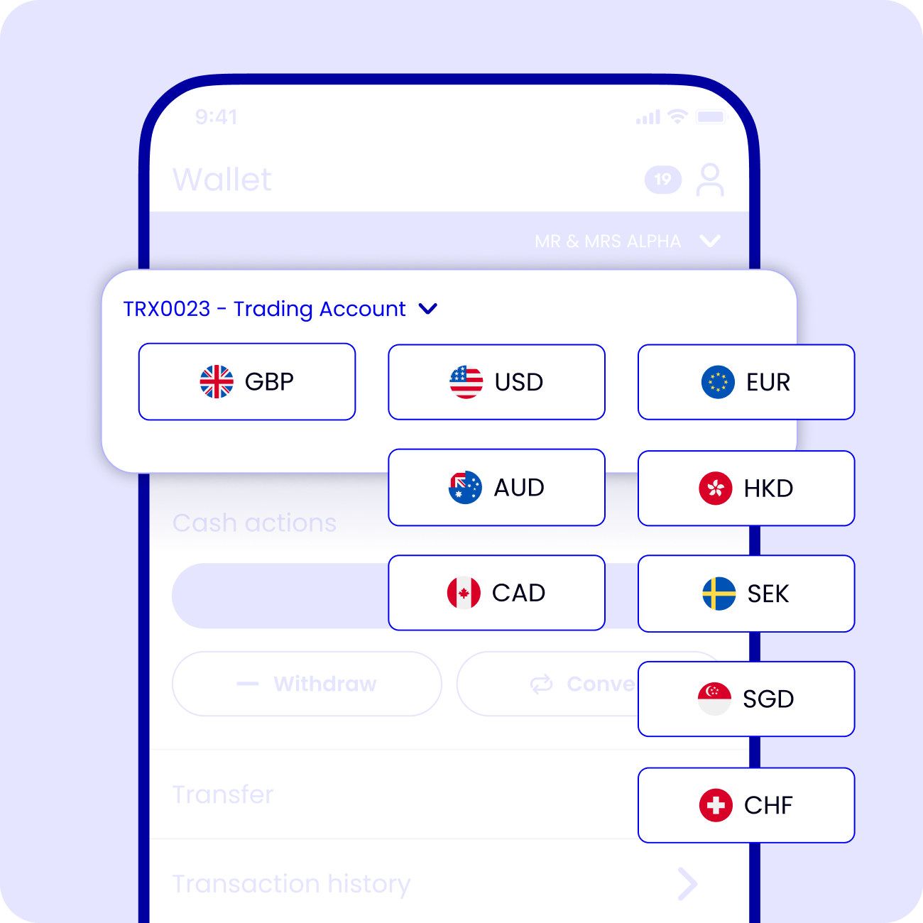 Graphic of mobile app showing multi-currency wallet