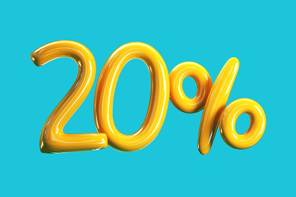 20 per cent yellow words on blue background