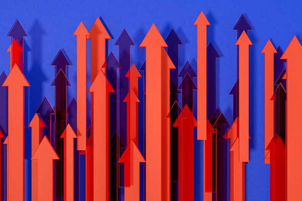 Red arrows rising against purple background