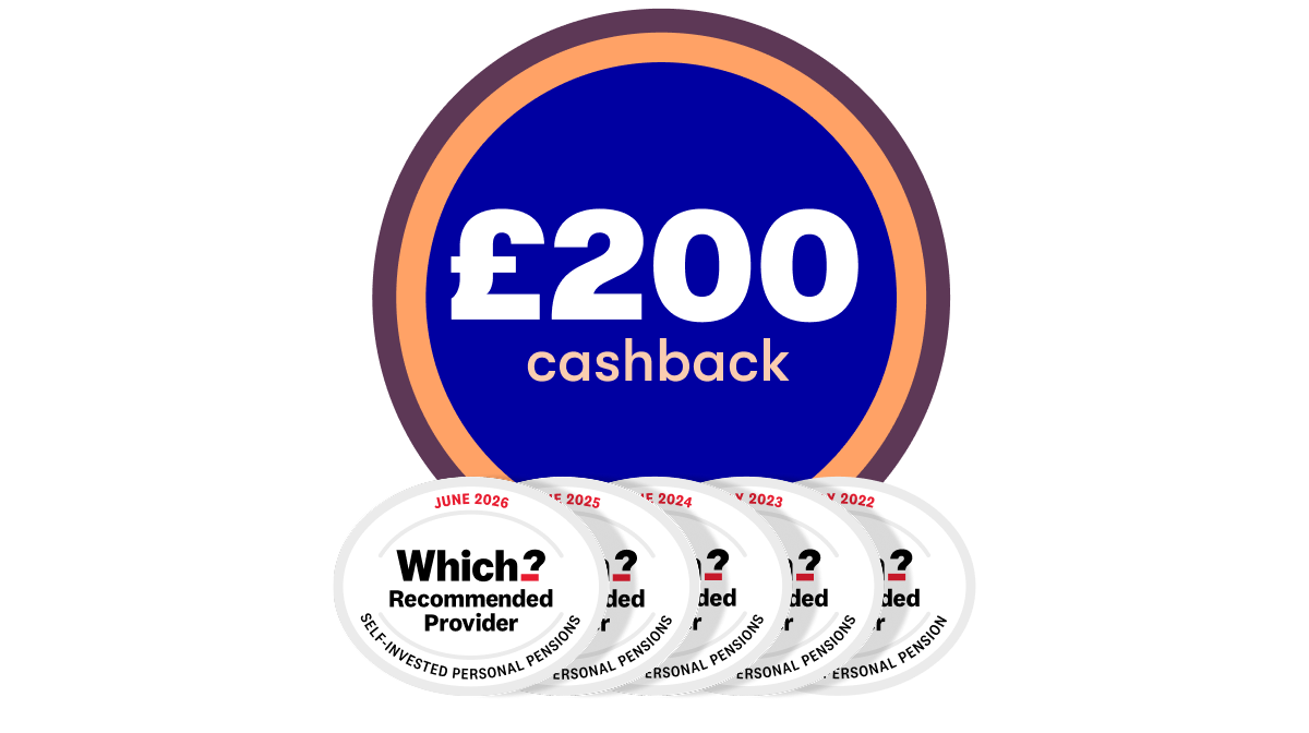 £200 cashback SIPP offer with 5x Which Recommended logo