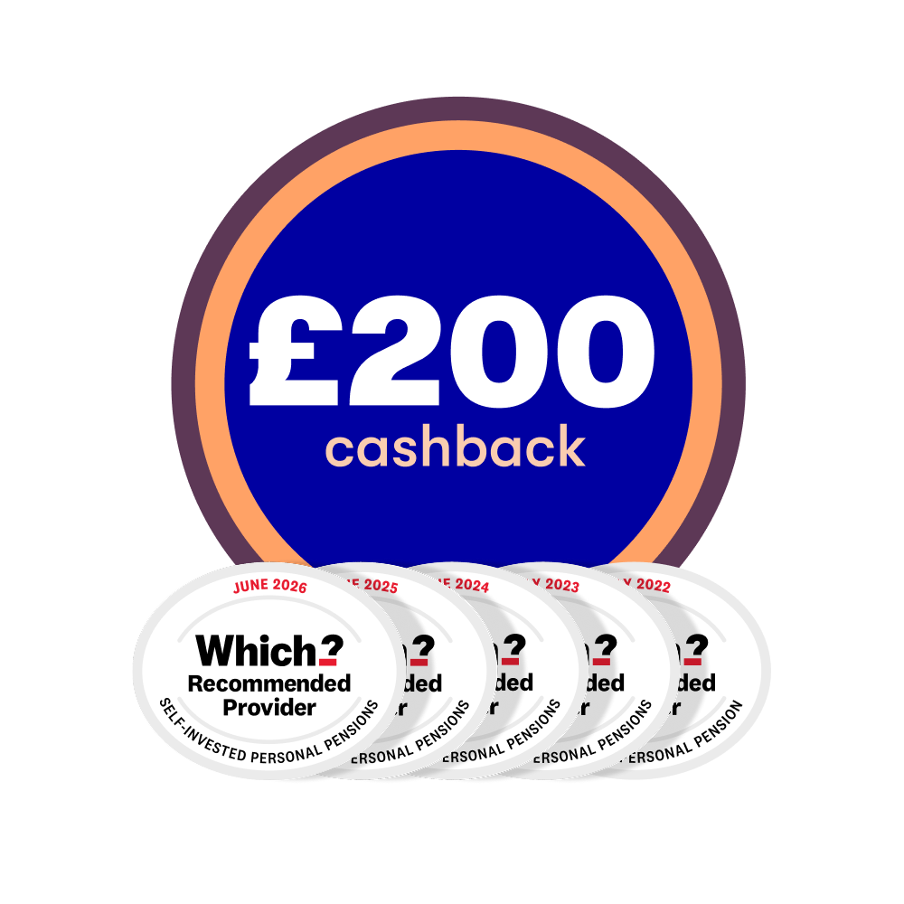 £200 cashback SIPP offer with 4x Which Recommended logo