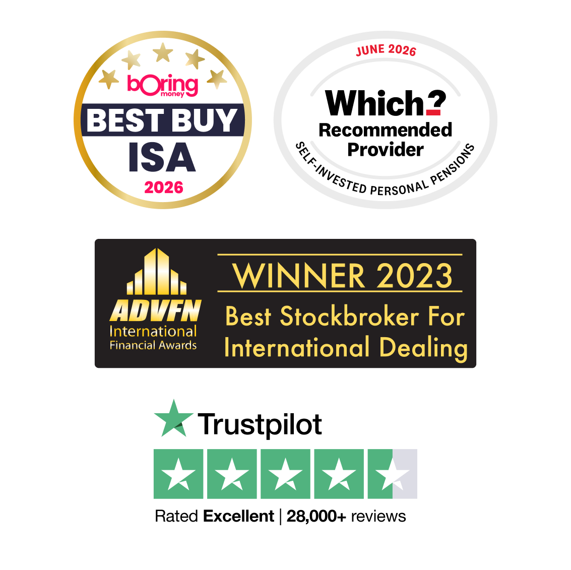 Awards logos, including The Times Money Mentor "Best Stocks and Shares ISA", Which? "Recommended Provider" for SIPPs 2026 and ADVFN's "Best Online Stockbroker” 2023.