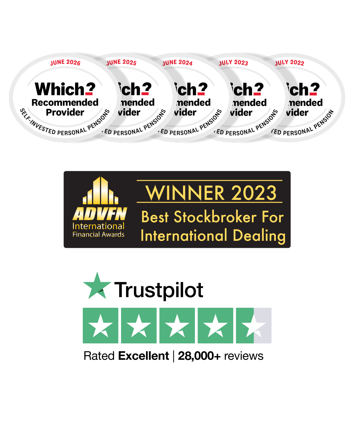 Five "Which?" Recommended Provider awards, a 2023 ADVFN award for "Best Online Stockbroker", and an excellent Trustpilot rating.