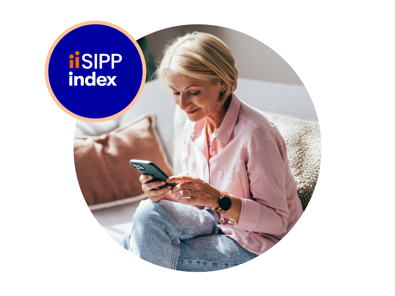 Woman on couch looking at mobile phone with ii SIPP index logo