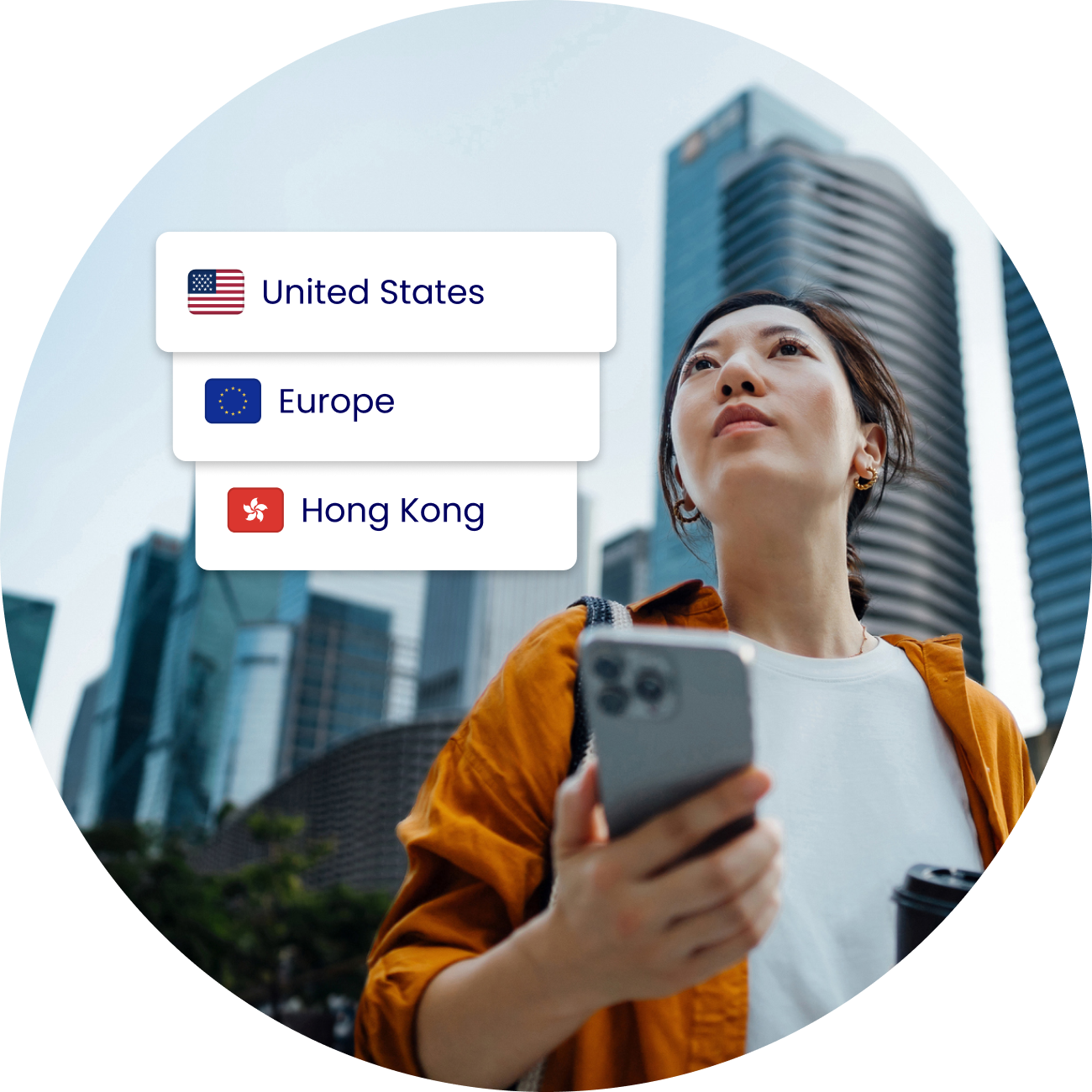 Woman standing in a city holding a mobile device with graphics showing US, Europe and Hong Kong