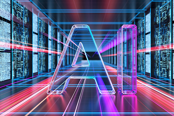 Artificial Intelligence text on abstract digital servers background