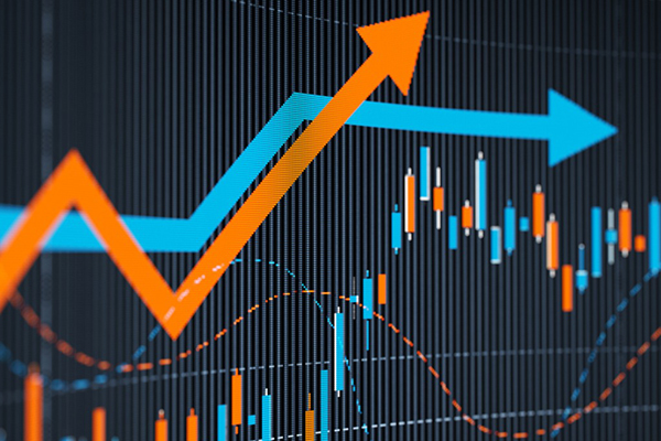 Orange and blue arrows against market graph