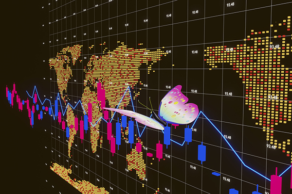 Butterfly and stock candle graph and world map