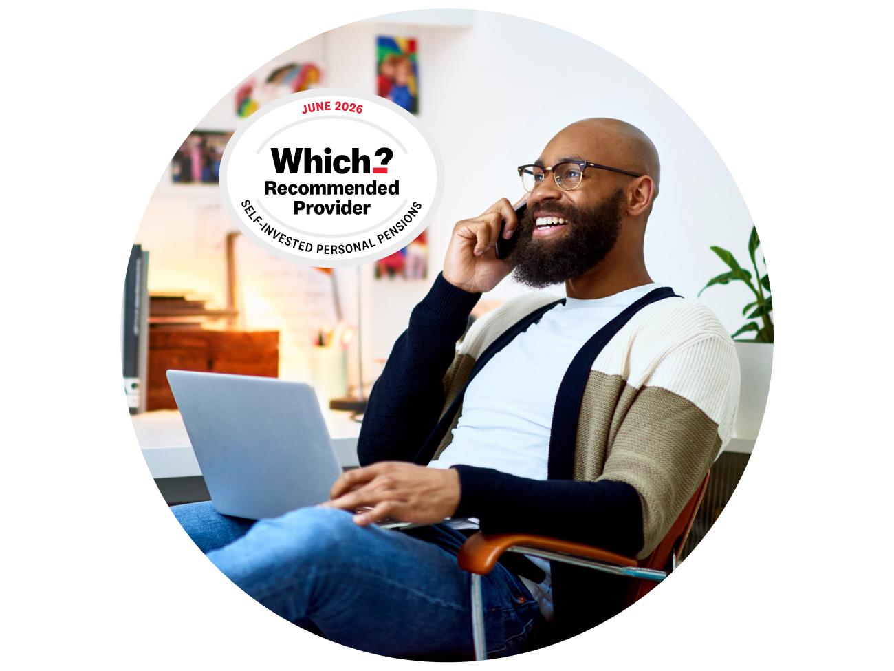 Man with glasses on phone with 2026 Which? Recommended SIPP provider award logo