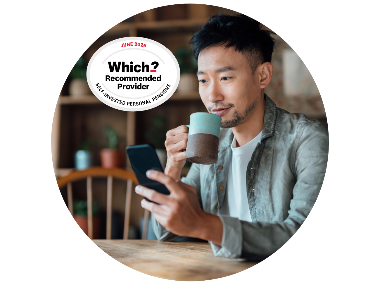 Man with coffee on mobile with 2026 Which? Recommended SIPP provider award logo