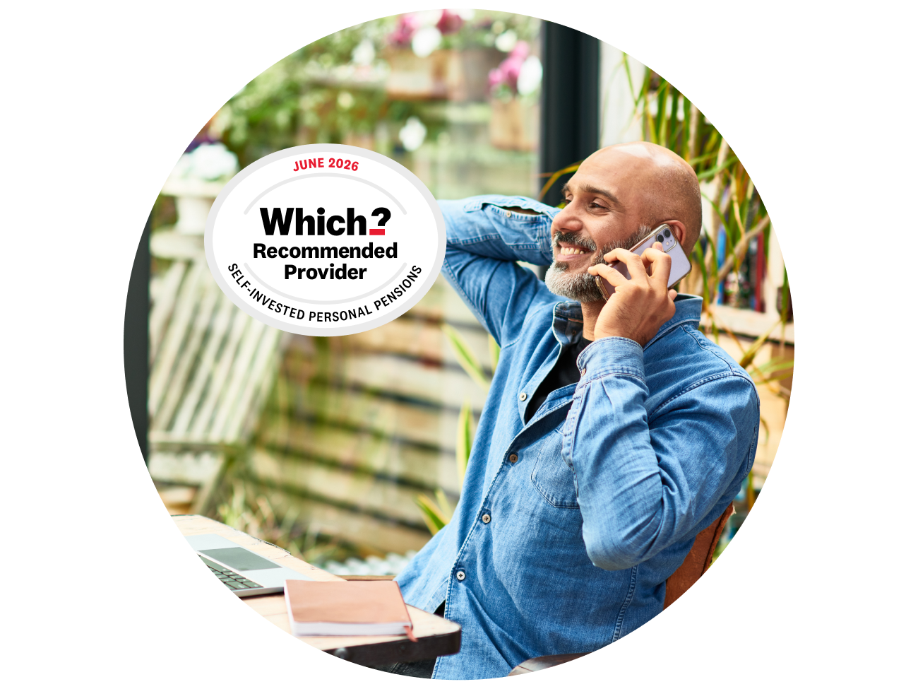 Man on phone with 2026 Which? Recommended SIPP provider award logo