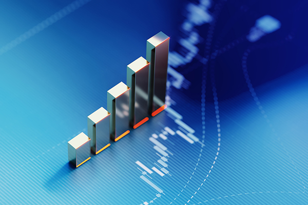 Bar chart on blue financial graph