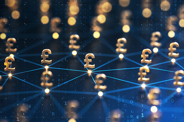 Gold pound signs against digital background
