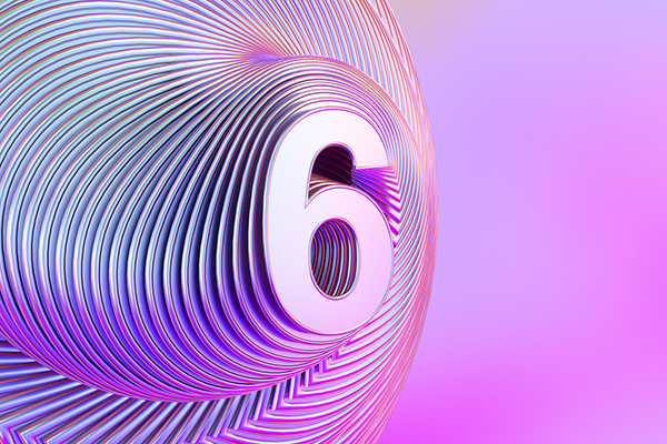 Colourful number six against purple background