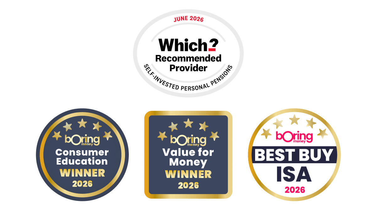 interactive investor's awards include Which Recommended SIPP Provider, Boring Money Consumer Education, Boring Money Value for Money, and Boring Money Best Buy ISA