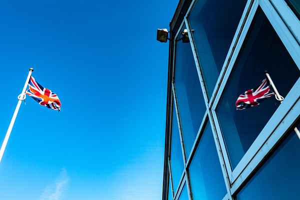 Union flag reflected in office window